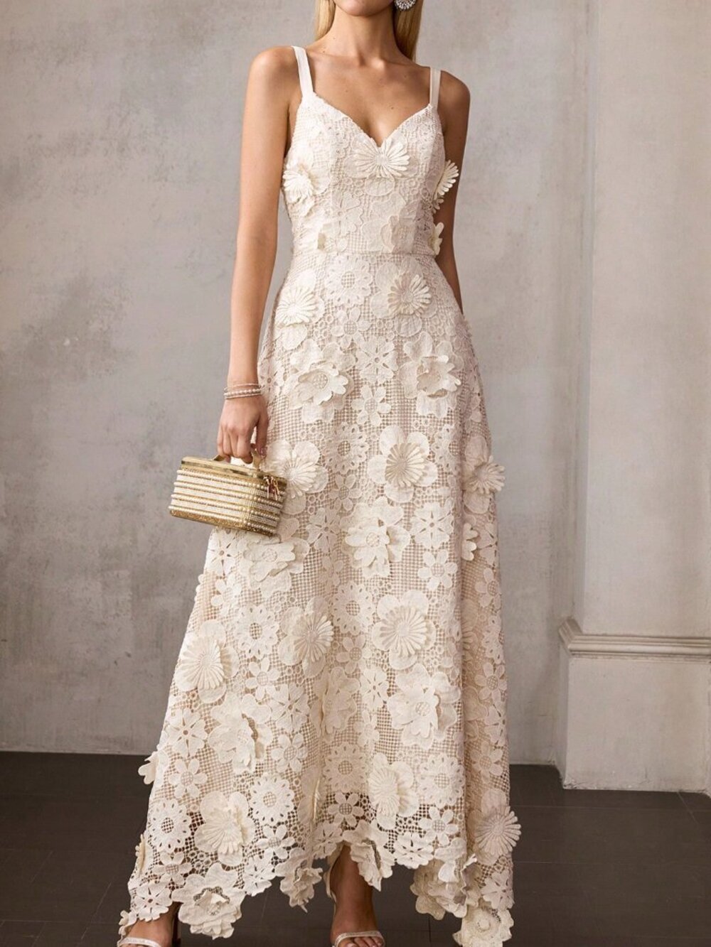 Apricot Elegant Women's Sleeveless Lace Dress with 3D Floral V-Neck Floor-Length